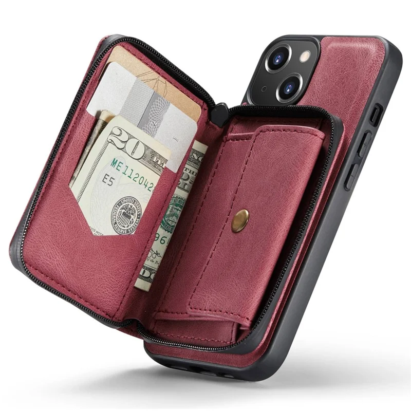 JEEHOOD Zippered Wallet Phone Case for iPhone 14 Shockproof PU Leather Coated TPU Cover Kickstand Detachable Phone Case - Red