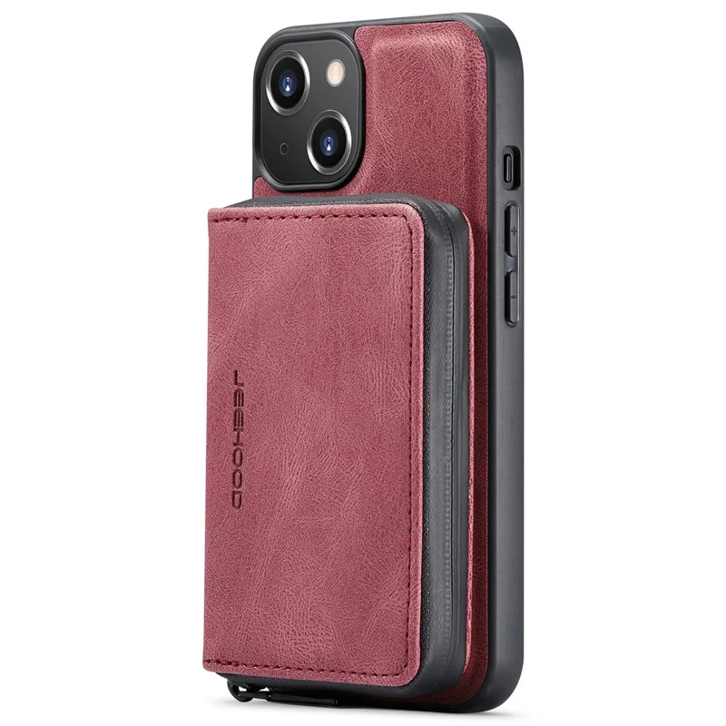 JEEHOOD Zippered Wallet Phone Case for iPhone 14 Shockproof PU Leather Coated TPU Cover Kickstand Detachable Phone Case - Red