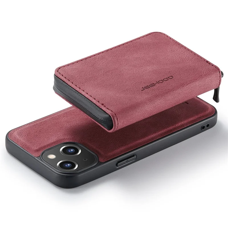 JEEHOOD Zippered Wallet Phone Case for iPhone 14 Shockproof PU Leather Coated TPU Cover Kickstand Detachable Phone Case - Red