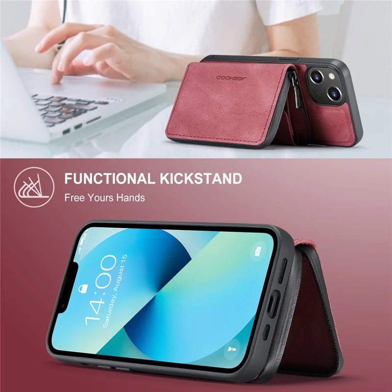 JEEHOOD Zippered Wallet Phone Case for iPhone 14 Shockproof PU Leather Coated TPU Cover Kickstand Detachable Phone Case - Red