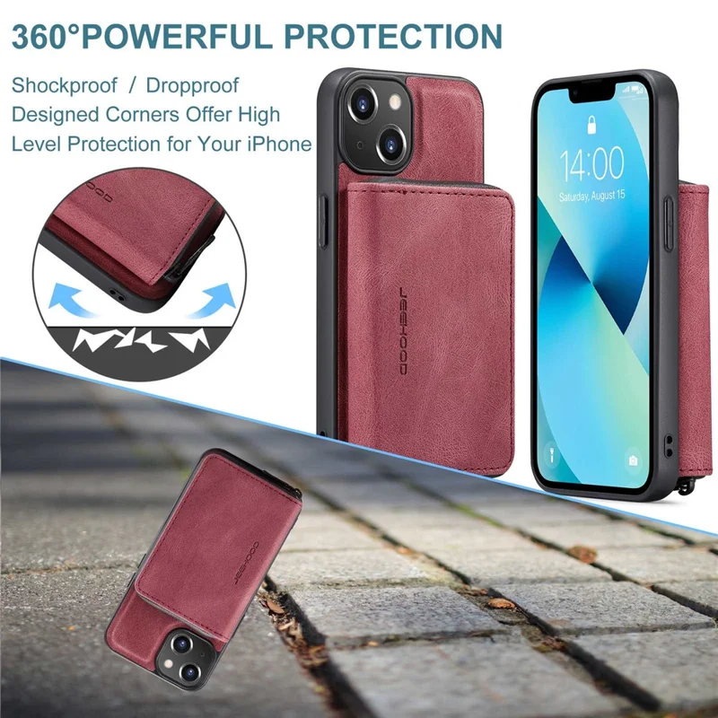JEEHOOD Zippered Wallet Phone Case for iPhone 14 Shockproof PU Leather Coated TPU Cover Kickstand Detachable Phone Case - Red