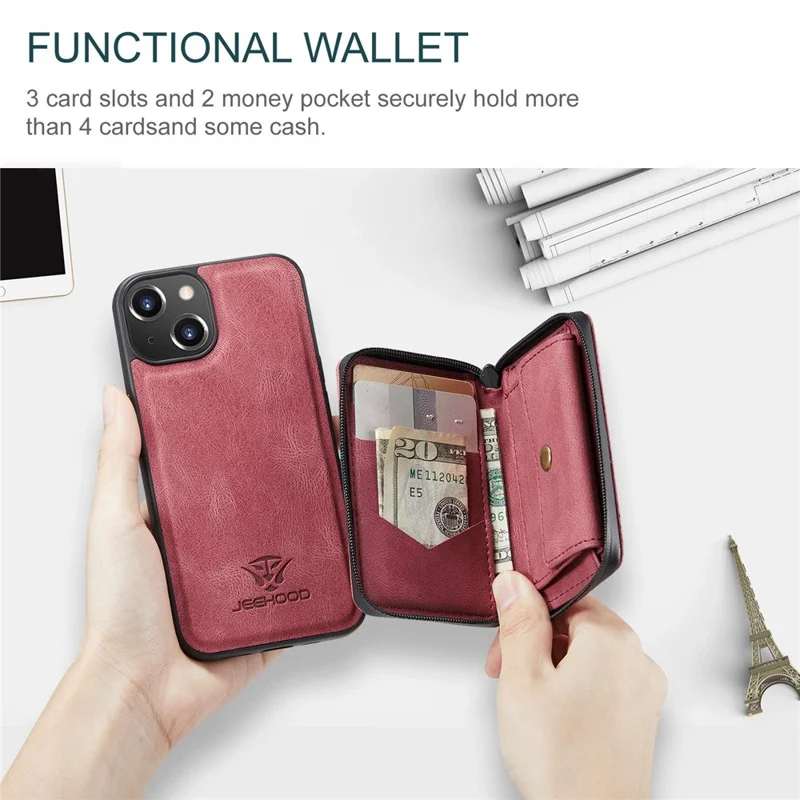 JEEHOOD Zippered Wallet Phone Case for iPhone 14 Shockproof PU Leather Coated TPU Cover Kickstand Detachable Phone Case - Red