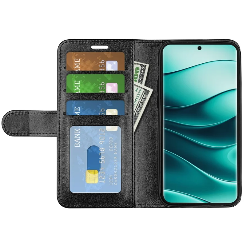 Für Xiaomi Redmi Note 14 Pro+ 5G Wallet Case Crazy Horse Textur Stand Leder Handyhülle - Schwarz