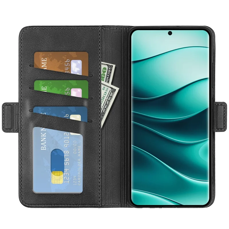 Custodia in pelle con texture vitello per Xiaomi Redmi Note 14 Pro+ 5G, con supporto - Nero