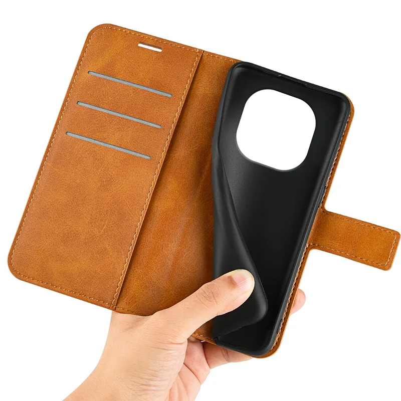 For Xiaomi Redmi Note 14 Pro+ 5G Stand Case Anti-Scratch Calf Texture Leather Phone Cover - Yellow
