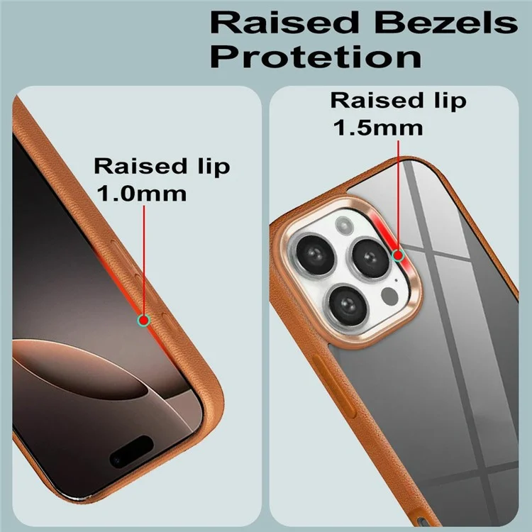 Custodia per iPhone 16 Pro con texture in pelle di litchi, cover protettiva in TPU+acrilico trasparente - Marrone
