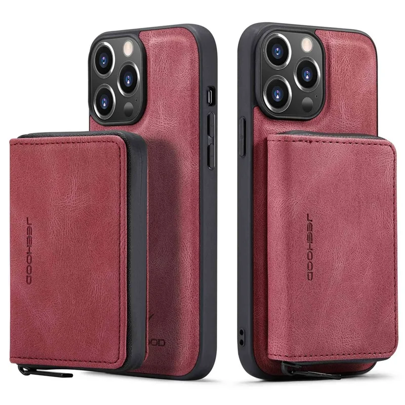 JEEHOOD Phone Case for iPhone 14 Pro Shockproof PU Leather Coated TPU Cover Phone Case with Zippered Wallet Kickstand - Red
