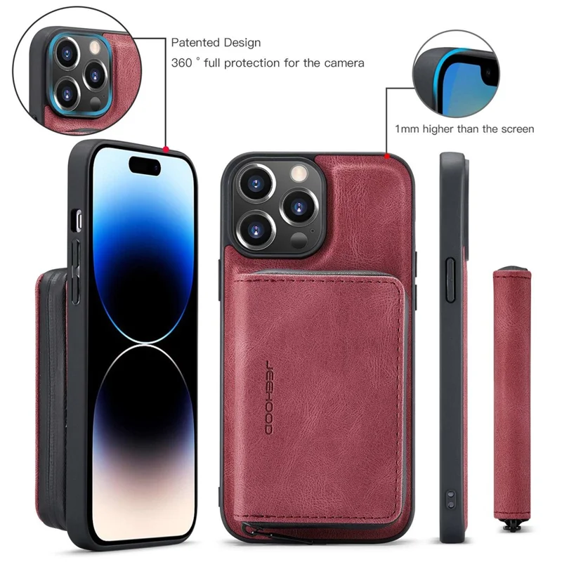 JEEHOOD Phone Case for iPhone 14 Pro Shockproof PU Leather Coated TPU Cover Phone Case with Zippered Wallet Kickstand - Red
