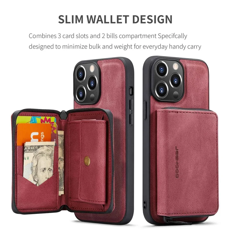 JEEHOOD Phone Case for iPhone 14 Pro Shockproof PU Leather Coated TPU Cover Phone Case with Zippered Wallet Kickstand - Red