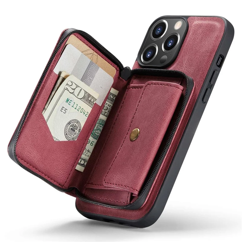 JEEHOOD Phone Case for iPhone 14 Pro Shockproof PU Leather Coated TPU Cover Phone Case with Zippered Wallet Kickstand - Red
