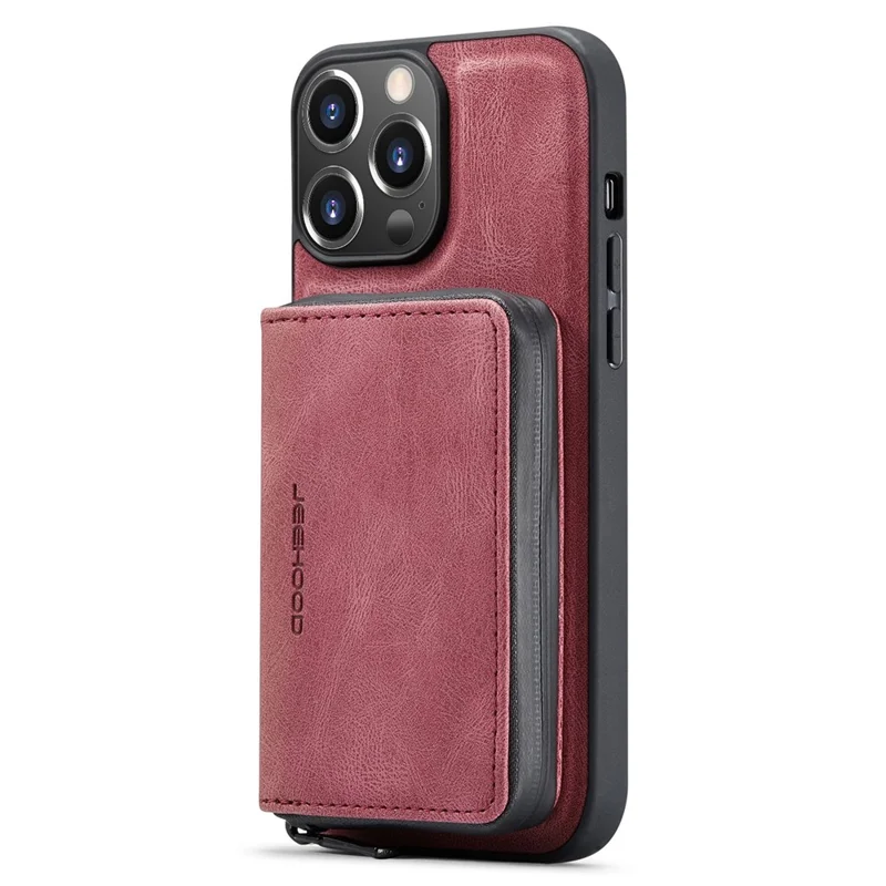 JEEHOOD Phone Case for iPhone 14 Pro Shockproof PU Leather Coated TPU Cover Phone Case with Zippered Wallet Kickstand - Red