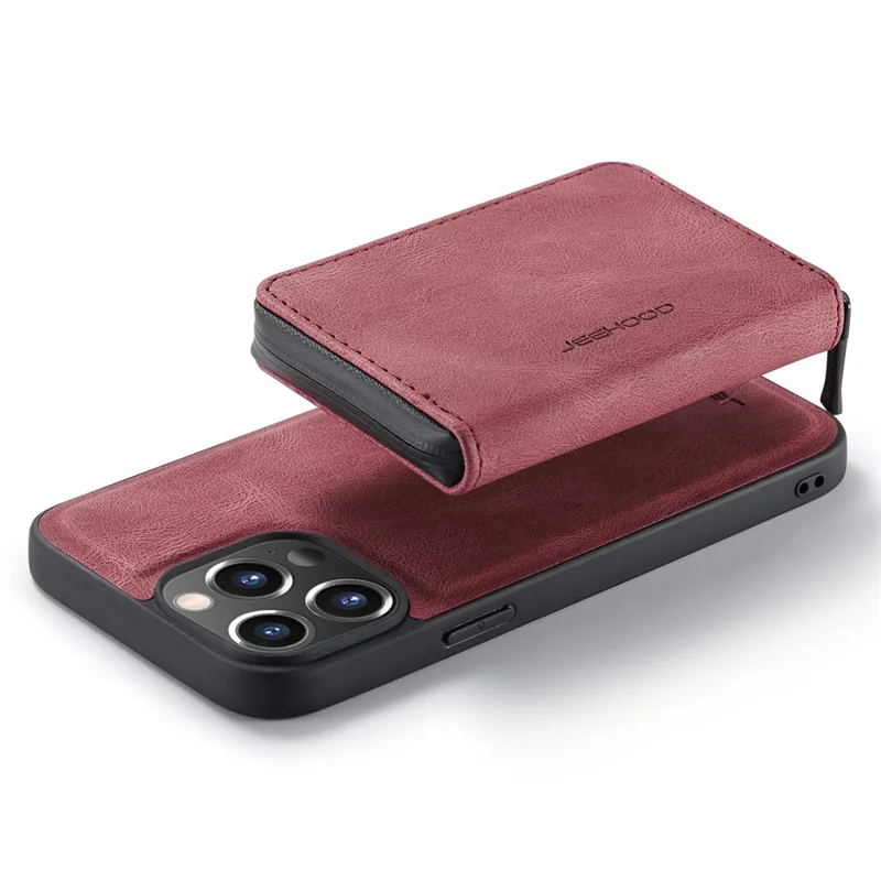 JEEHOOD Phone Case for iPhone 14 Pro Shockproof PU Leather Coated TPU Cover Phone Case with Zippered Wallet Kickstand - Red