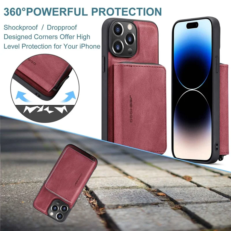 JEEHOOD Phone Case for iPhone 14 Pro Shockproof PU Leather Coated TPU Cover Phone Case with Zippered Wallet Kickstand - Red