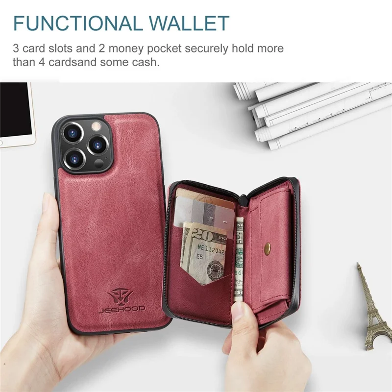 JEEHOOD Phone Case for iPhone 14 Pro Shockproof PU Leather Coated TPU Cover Phone Case with Zippered Wallet Kickstand - Red