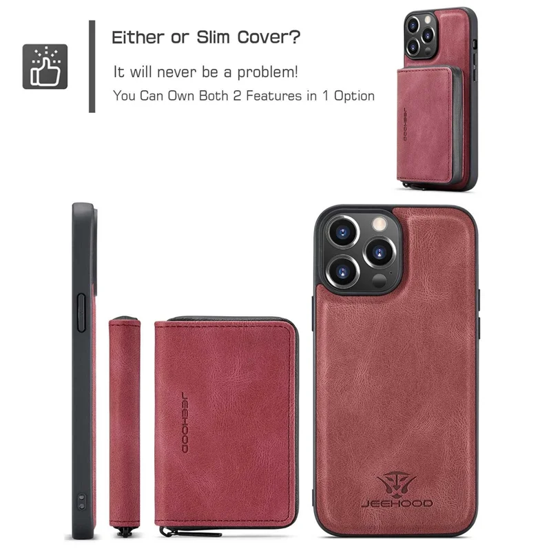 JEEHOOD Phone Case for iPhone 14 Pro Shockproof PU Leather Coated TPU Cover Phone Case with Zippered Wallet Kickstand - Red