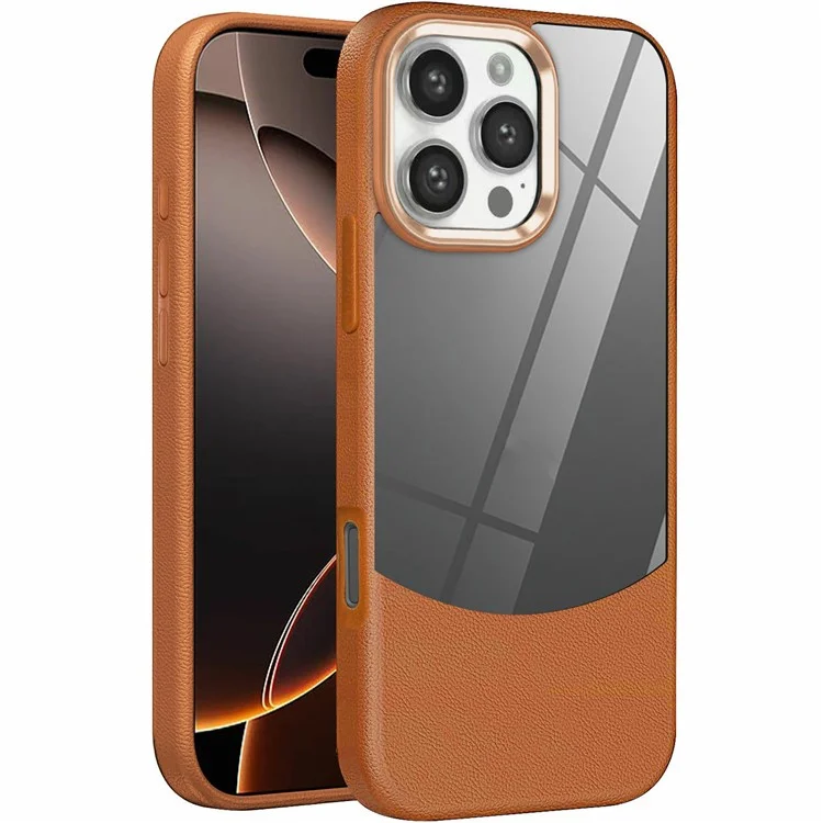 Custodia per iPhone 16 Pro Max, texture Litchi TPU + cover protettiva in acrilico trasparente - Marrone