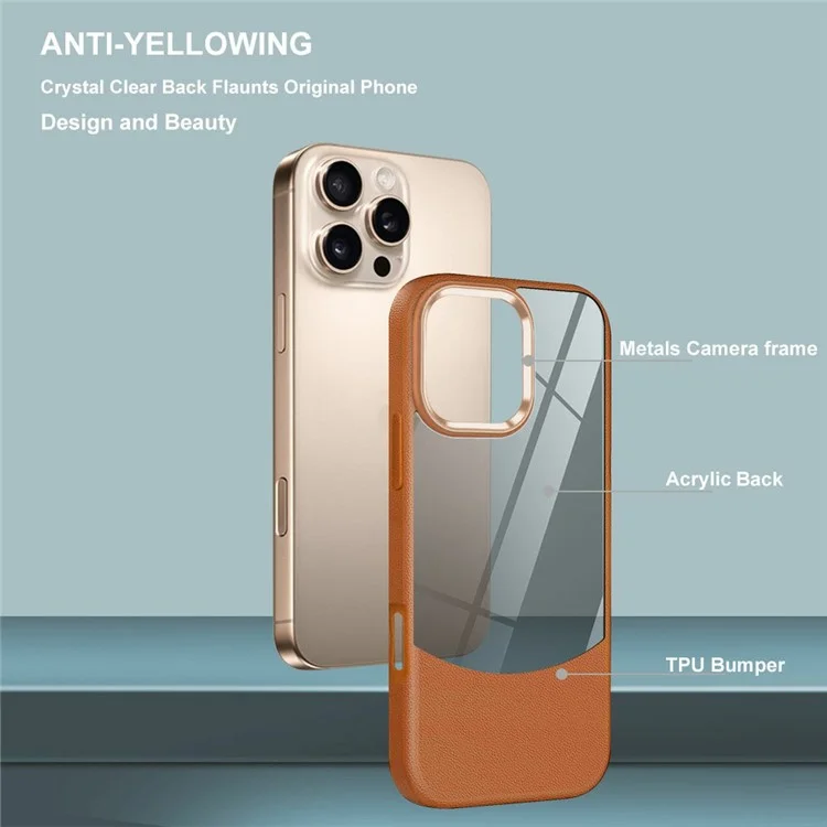 Custodia per iPhone 16 Pro Max, texture Litchi TPU + cover protettiva in acrilico trasparente - Marrone