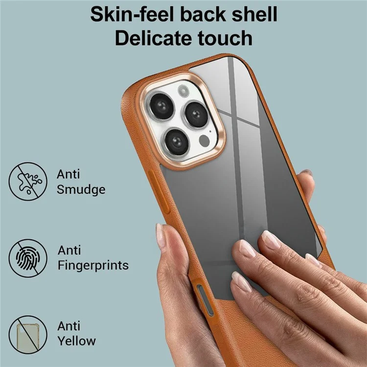 Custodia per iPhone 16 Pro Max, texture Litchi TPU + cover protettiva in acrilico trasparente - Marrone
