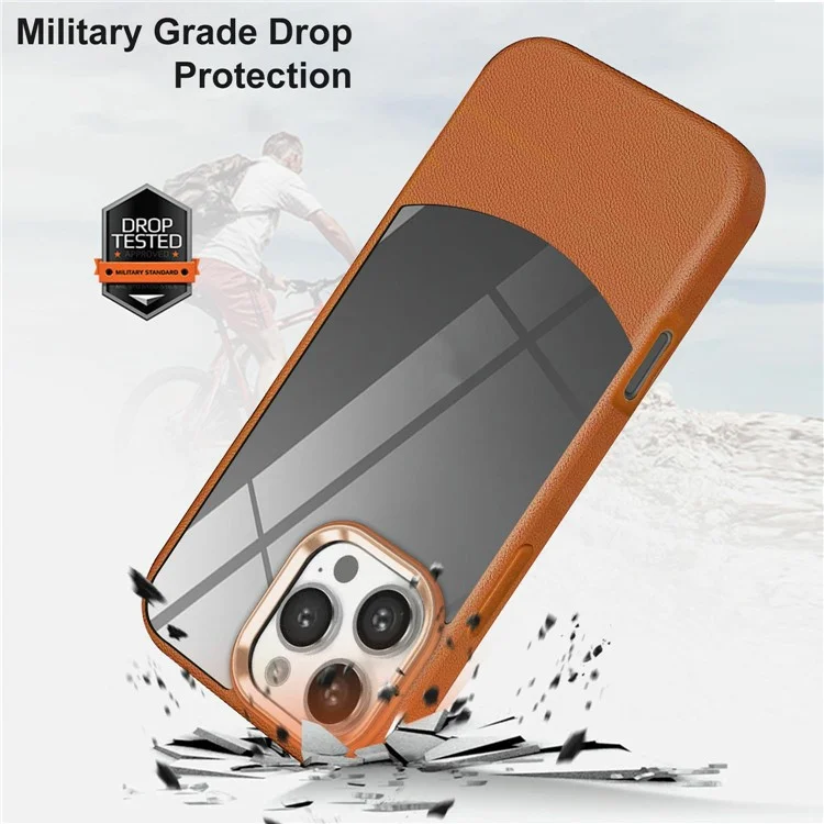 Custodia per iPhone 16 Pro Max, texture Litchi TPU + cover protettiva in acrilico trasparente - Marrone