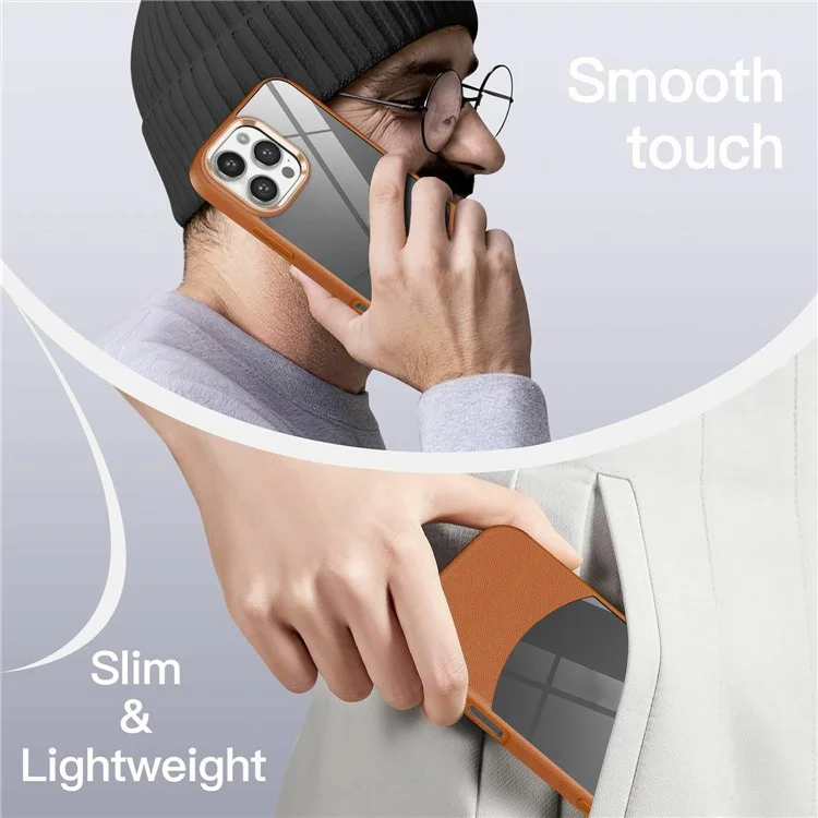 Custodia per iPhone 16 Pro Max, texture Litchi TPU + cover protettiva in acrilico trasparente - Marrone