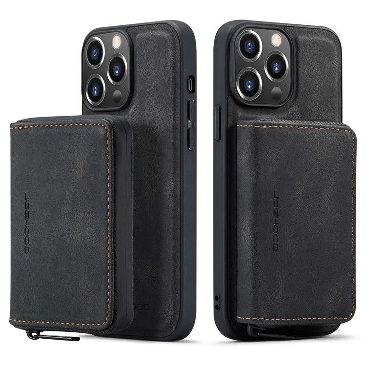 Caso à Prova de Choque da Jeehood Para Iphone 14 PU Revestido de Couro TPU Capa Com Zíper na Carteira de Kickstand Capa - Preto