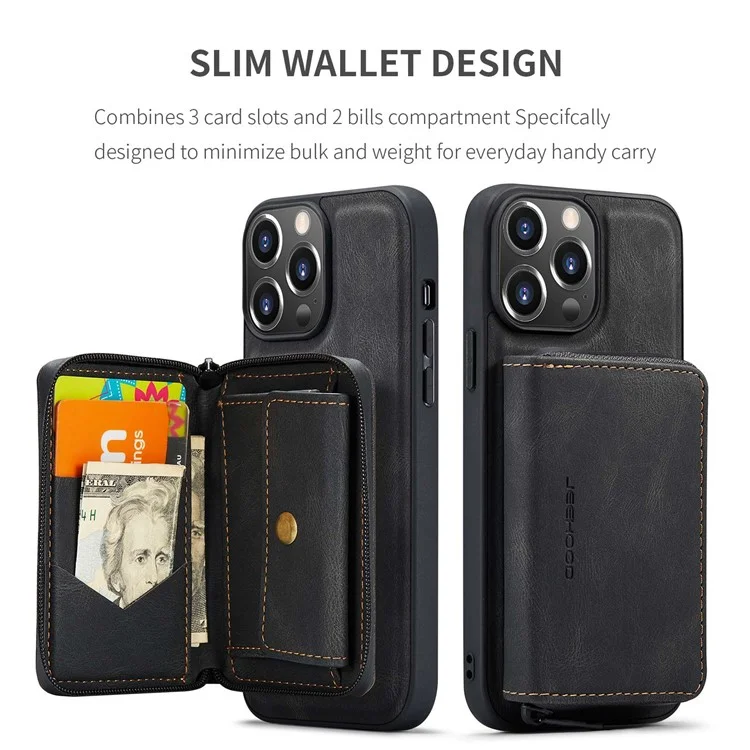 Caso à Prova de Choque da Jeehood Para Iphone 14 PU Revestido de Couro TPU Capa Com Zíper na Carteira de Kickstand Capa - Preto