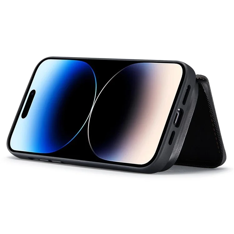 Caso à Prova de Choque da Jeehood Para Iphone 14 PU Revestido de Couro TPU Capa Com Zíper na Carteira de Kickstand Capa - Preto
