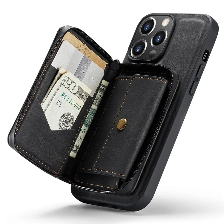 Caso à Prova de Choque da Jeehood Para Iphone 14 PU Revestido de Couro TPU Capa Com Zíper na Carteira de Kickstand Capa - Preto