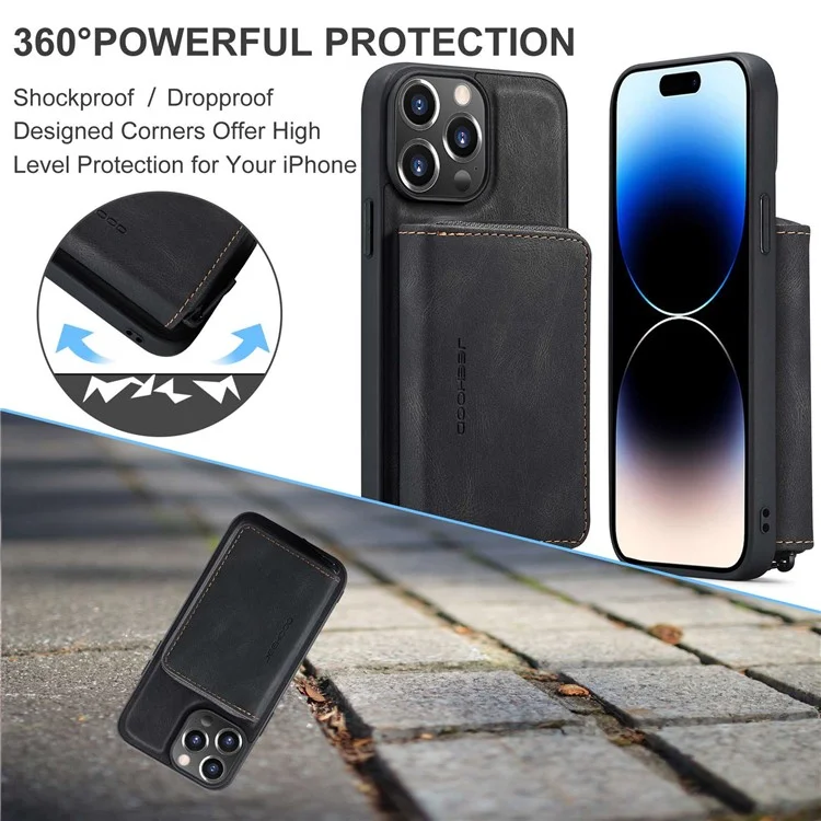 Caso à Prova de Choque da Jeehood Para Iphone 14 PU Revestido de Couro TPU Capa Com Zíper na Carteira de Kickstand Capa - Preto