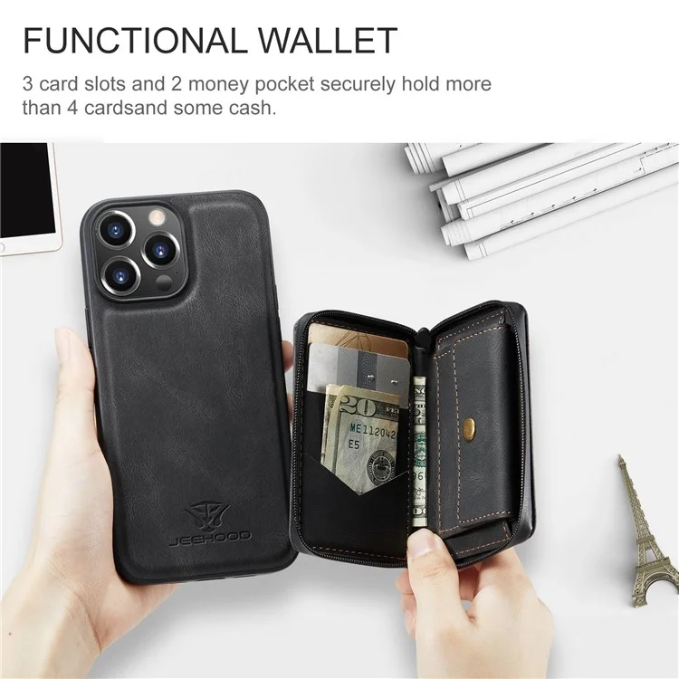 Caso à Prova de Choque da Jeehood Para Iphone 14 PU Revestido de Couro TPU Capa Com Zíper na Carteira de Kickstand Capa - Preto
