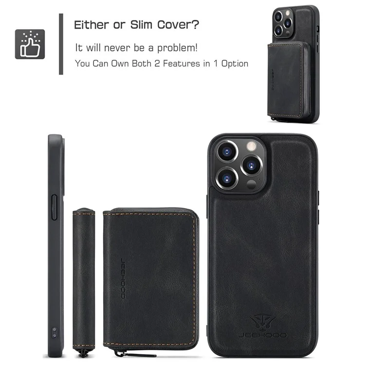 Caso à Prova de Choque da Jeehood Para Iphone 14 PU Revestido de Couro TPU Capa Com Zíper na Carteira de Kickstand Capa - Preto