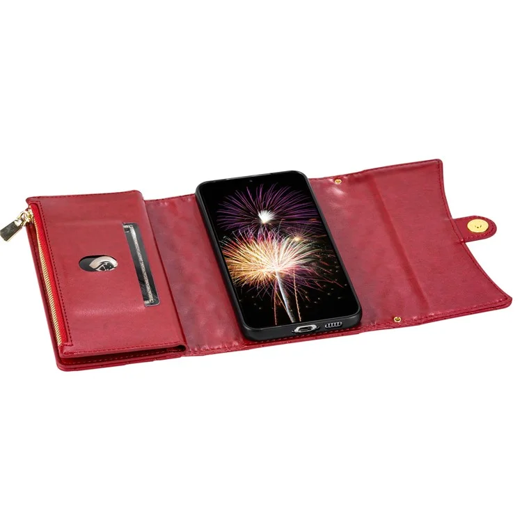 Étui portefeuille en cuir PU avec dragonne pour Samsung Galaxy S25 - Rouge