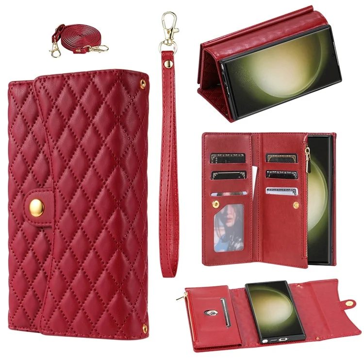 Étui portefeuille en cuir PU avec support et bandoulière pour Samsung Galaxy S25 Ultra - Rouge