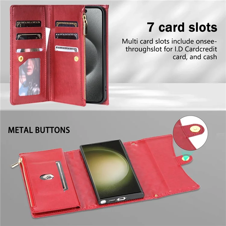 Étui portefeuille en cuir PU avec support et bandoulière pour Samsung Galaxy S25 Ultra - Rouge