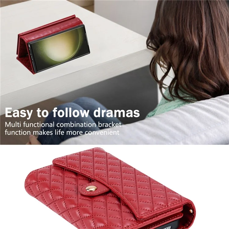 Étui portefeuille en cuir PU avec support et bandoulière pour Samsung Galaxy S25 Ultra - Rouge