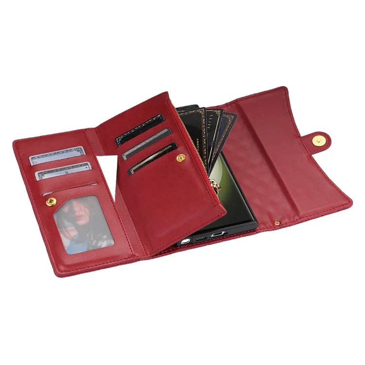 Étui portefeuille en cuir PU avec support et bandoulière pour Samsung Galaxy S25 Ultra - Rouge
