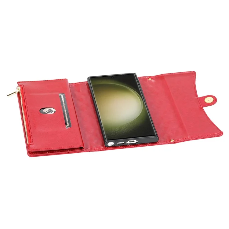 Étui portefeuille en cuir PU avec support et bandoulière pour Samsung Galaxy S25 Ultra - Rouge