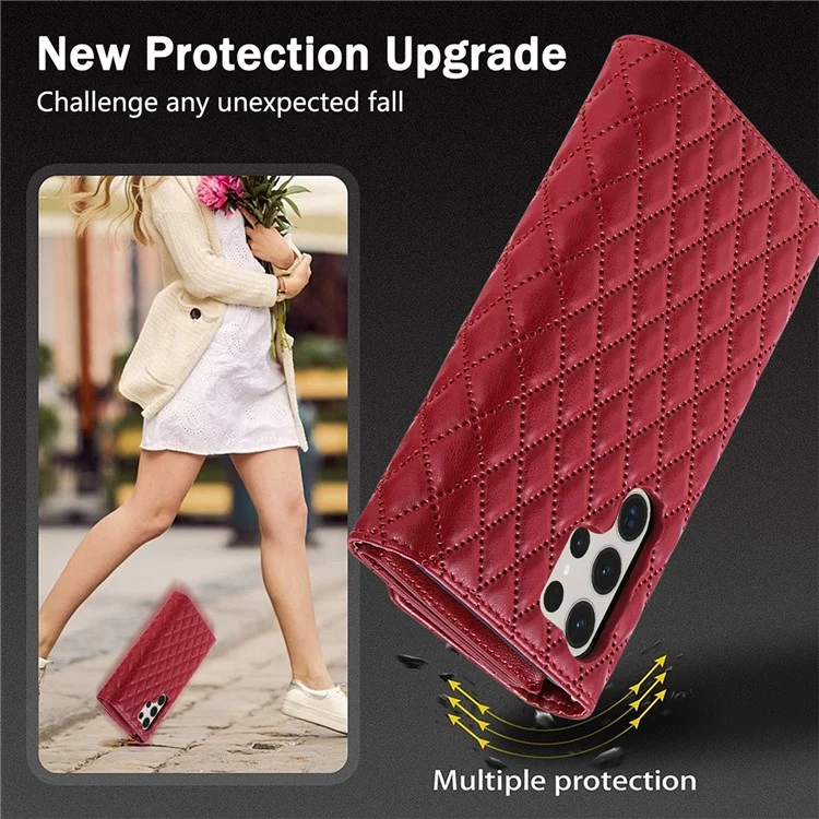 Étui portefeuille en cuir PU avec support et bandoulière pour Samsung Galaxy S25 Ultra - Rouge