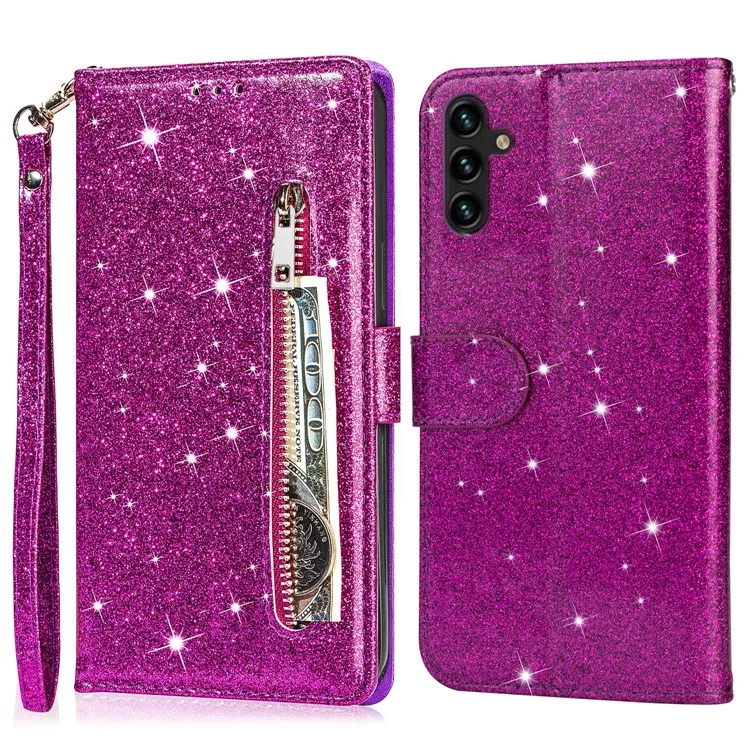Für Samsung Galaxy A26 5G Stand Case Glitter Phone Lederbezug mit Reißverschlusstasche - Lila