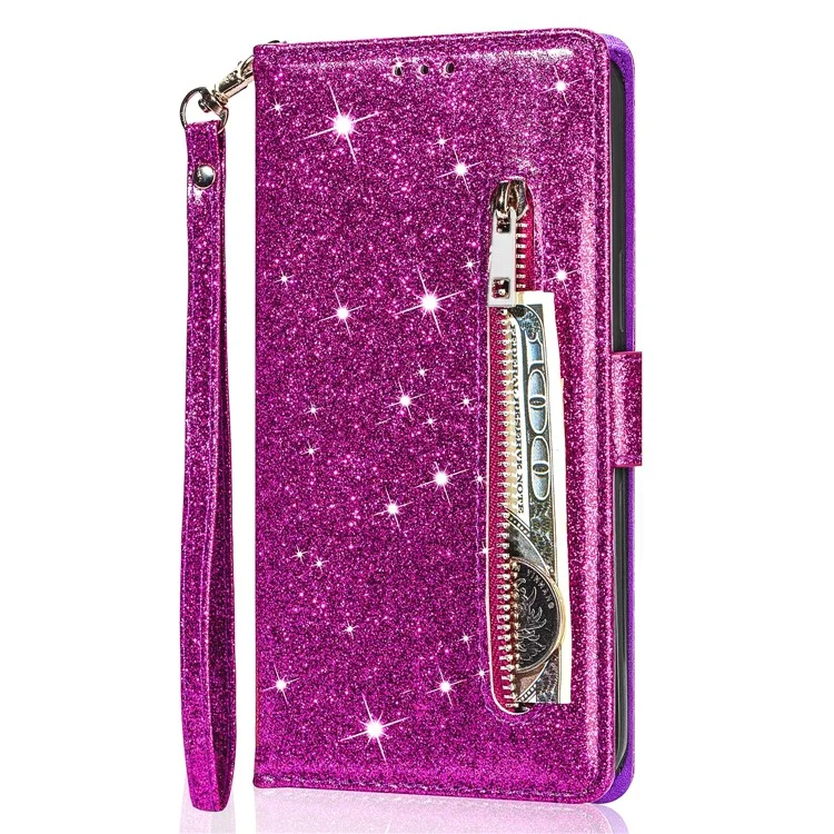 Für Samsung Galaxy A26 5G Stand Case Glitter Phone Lederbezug mit Reißverschlusstasche - Lila