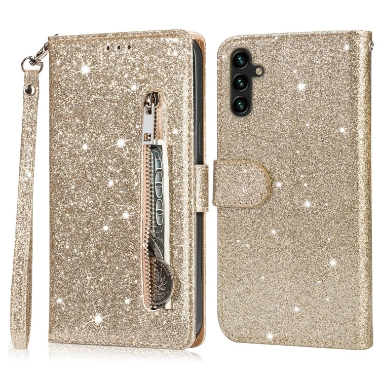 Für Samsung Galaxy A36 5G Standhülle Glitzer Handyhülle Lederhülle mit Reißverschlusstasche - Gold