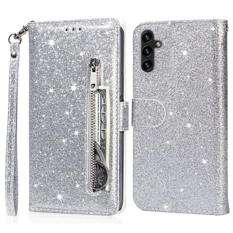 For Samsung Galaxy A56 5G Stand Case Glitter Phone Leather Cover Zipper Pocket - Silver
