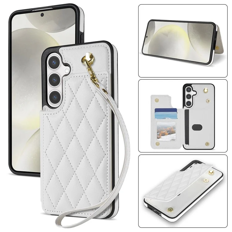Custodia per Samsung Galaxy S25 con cinturino da polso, slot per schede, pelle a rombi + cover in TPU - Bianco
