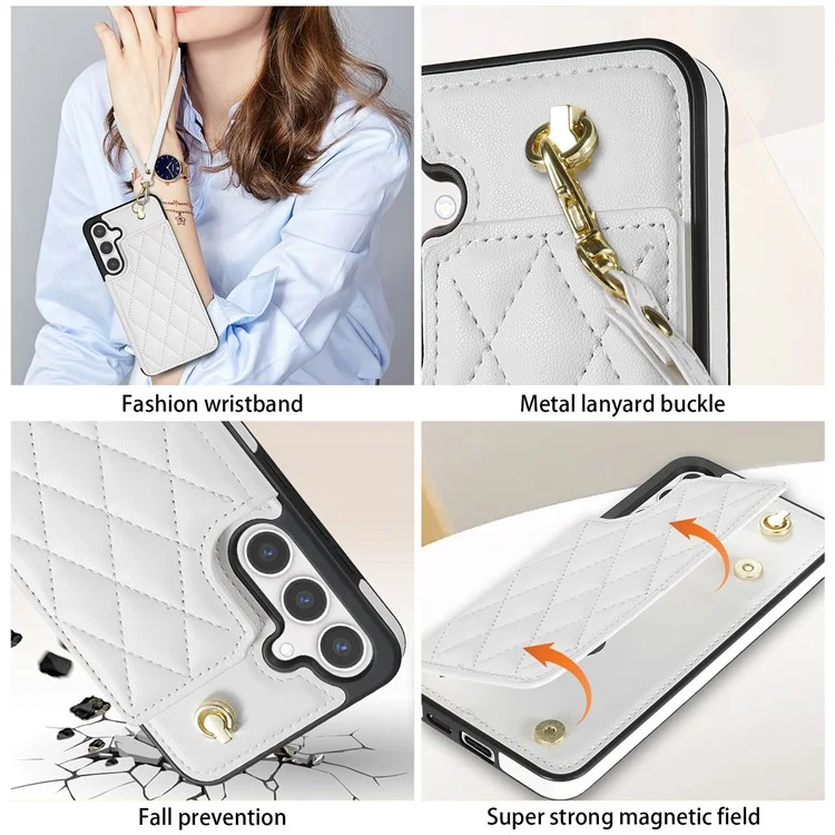 Custodia per Samsung Galaxy S25 con cinturino da polso, slot per schede, pelle a rombi + cover in TPU - Bianco