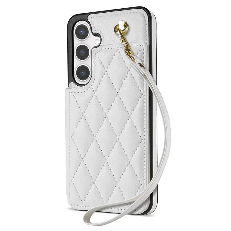 Custodia per Samsung Galaxy S25 con cinturino da polso, slot per schede, pelle a rombi + cover in TPU - Bianco