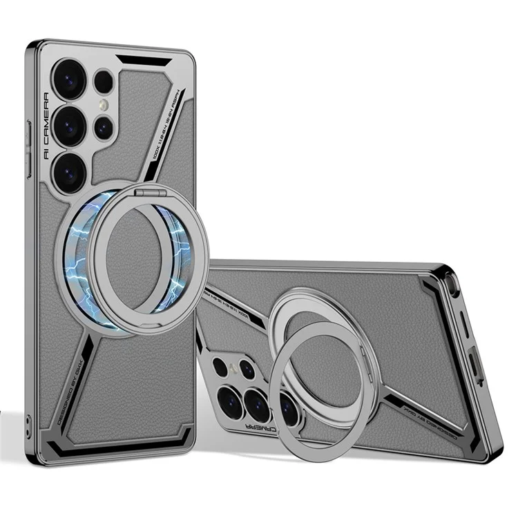 GKK For Samsung Galaxy S25 Ultra Case Compatible with MagSafe PU+TPU Kickstand Phone Cover Z Shape Design - Grey