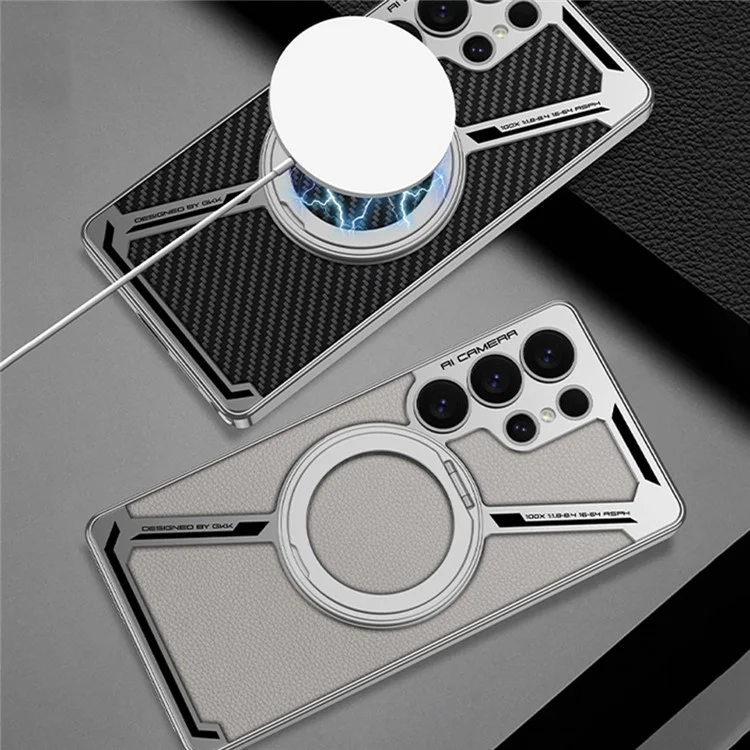 GKK For Samsung Galaxy S25 Ultra Case Compatible with MagSafe PU+TPU Kickstand Phone Cover Z Shape Design - Grey