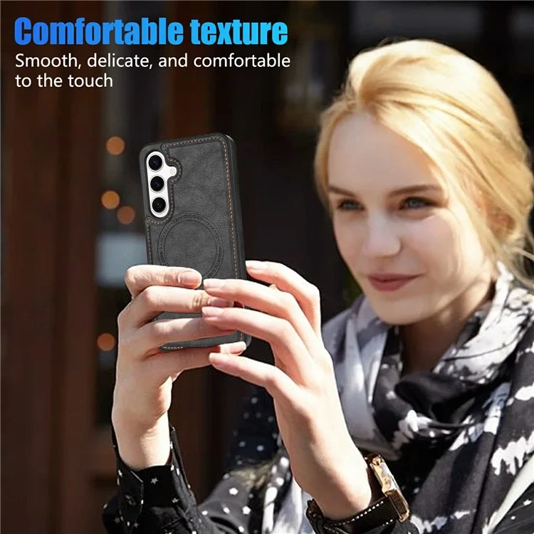 CSJ-P3 For Samsung Galaxy S24+ Case Compatible with MagSafe PC+TPU+Leather Back Cover - Black