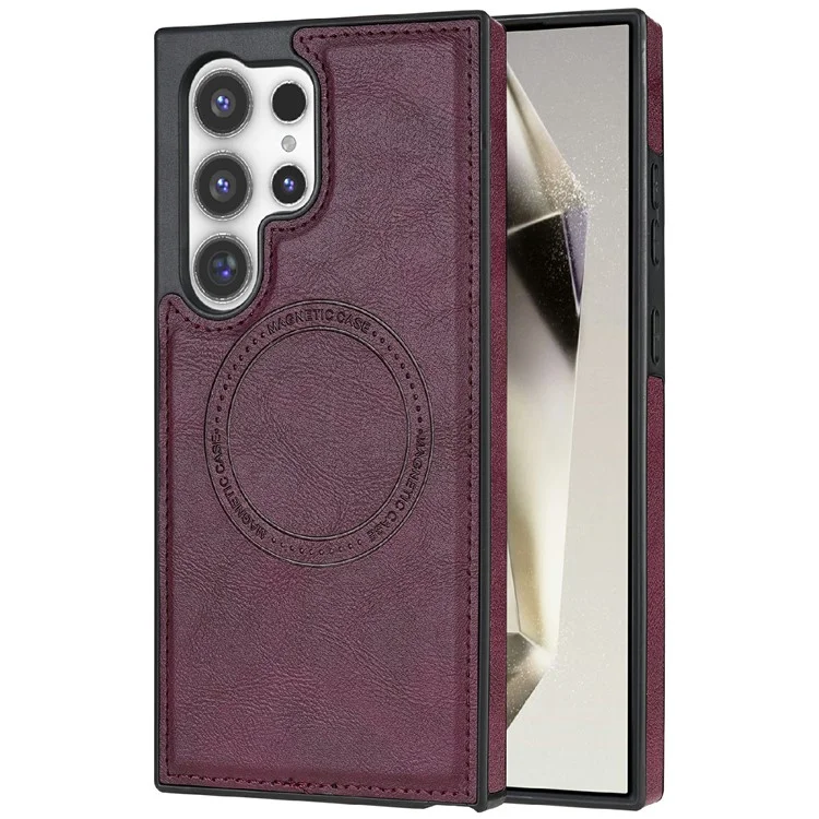 Funda para Samsung Galaxy S24 Ultra CSJ-P3 compatible con MagSafe, de PC+TPU+cuero, color rojo vino.