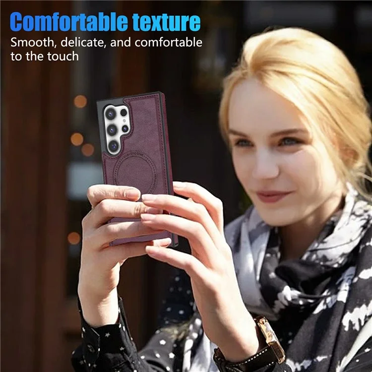 Funda para Samsung Galaxy S24 Ultra CSJ-P3 compatible con MagSafe, de PC+TPU+cuero, color rojo vino.